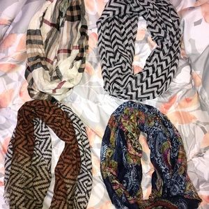 Bundle of four patterned infinity scarves